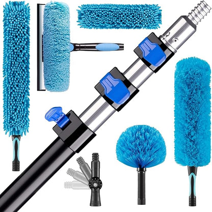 26FT High Reach Duster Cleaning Kit with 5-20 FTExtension Pole, High Ceiling Fan Cleaner Duster Tool for Fan Blades, Extendable Reusable Cobweb, Feather, Window Cleaning Squeegee Kit (20FT)