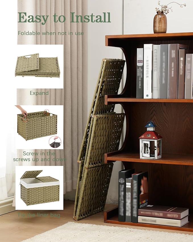 Storage Basket with Lid Rattan Woven Storage Baskets with 2 Separate Lids, 17.2 Gallon (65 L), Wicker Storage Bins Foldable, 2 Removable Liner Bags Handles for Bedroom, Laundry Room Green