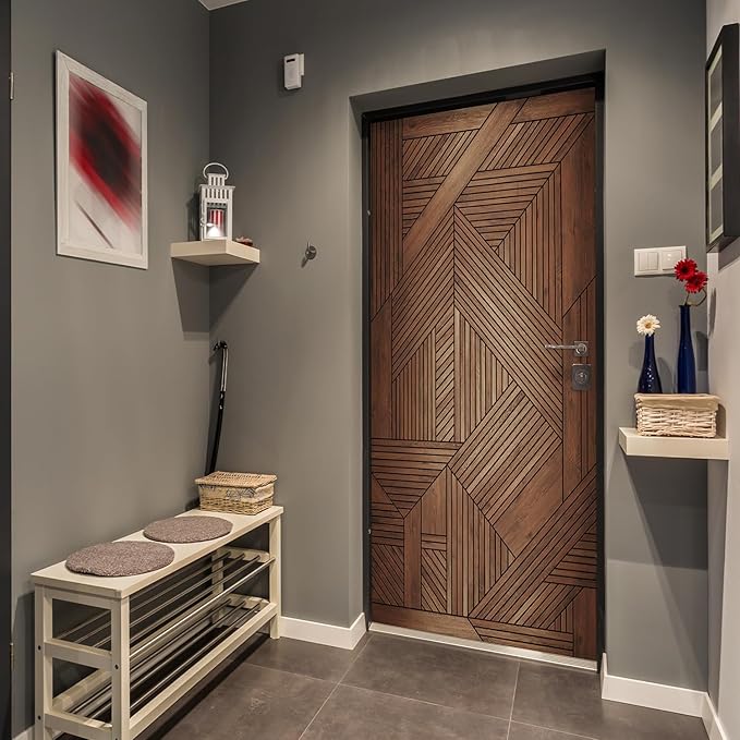 Alwayspon 30x78.7inch Geometric Wood Self-Adhesive Door Stickers Murals Decals, Art Vinyl Peel and Stick Removable Door Poster Wallpaper for Bedroom Home Decor