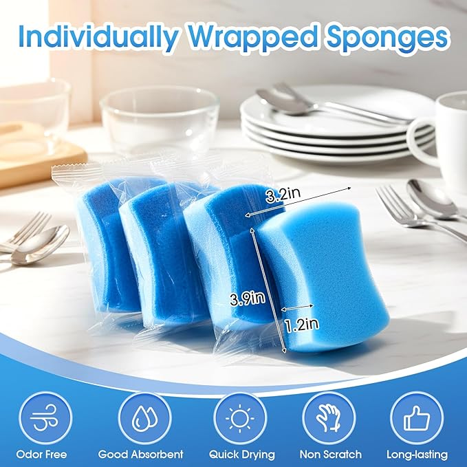 Tioncy 200 Pcs Individually Wrapped Sponges Bulk Dual-Sided Dishwashing Sponge Non-Scratch Scrub Sponges Dish Scrubber for Kitchen, Restaurant, Washing Dishes, Cleaning, Pots, Pans, Car, Bike