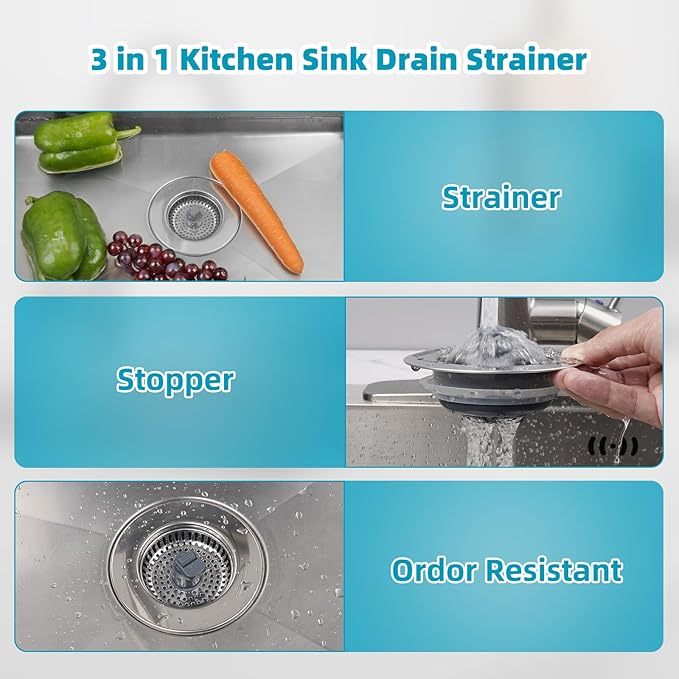 Hibbent 2 Pack 3 in 1 Kitchen Sink Drain Strainer, Stainless Steel Wrapped Shell Drain Stopper Combo, Pop Up Sink Stopper, Stainless Steel Anti-Clogging Basket Strainer for US Standard 3-1/2" Drain