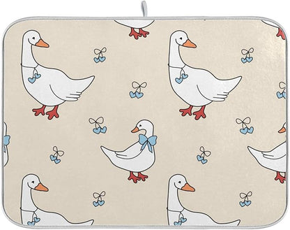 Goose Blue Hearts and A Bow Dish Drying Mat for Kitchen Counter 16x18 inch Super Absorbent Drying Mat Large Dish Drying Mats for Kitchen Countertop Protector Dishes Pad