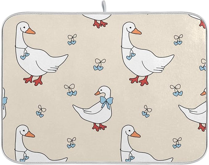 Goose Blue Hearts and A Bow Dish Drying Mat for Kitchen Counter 18x24 inch Super Absorbent Drying Mat Large Dish Drying Mats for Kitchen Countertop Protector Dishes Pad