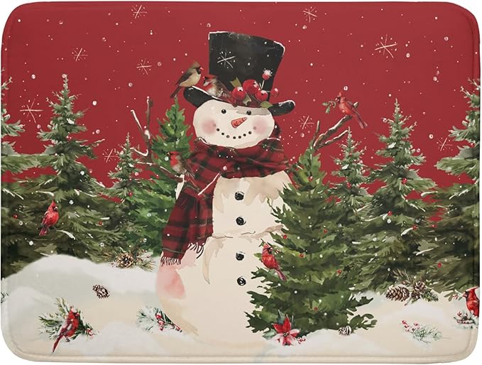 Christmas Snowman Dish Drying Mat for Kitchen Counter 18x24 Inch Watercolor Xmas Tree Bird Print Absorbent Reversible Microfiber Drying Mats Kitchen Countertop Protector Dishes Drainer Rack Pad