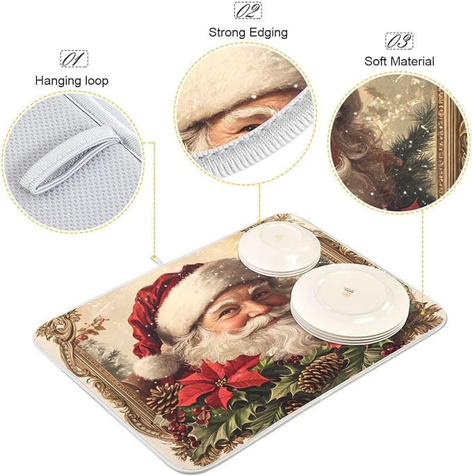 Christmas Santa Claus Poinsettia Dish Drying Mat for Kitchen Counter Absorbent Microfiber Drying Pad, Medium 16x18 in
