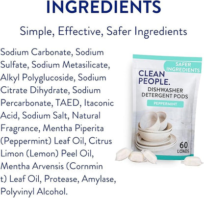 The Clean People Dishwasher Pods - Cuts Grease & Rinses Sparkling Clean - Residue-Free - Phosphate Free Dishwashing Pods - Peppermint, 60 Pack