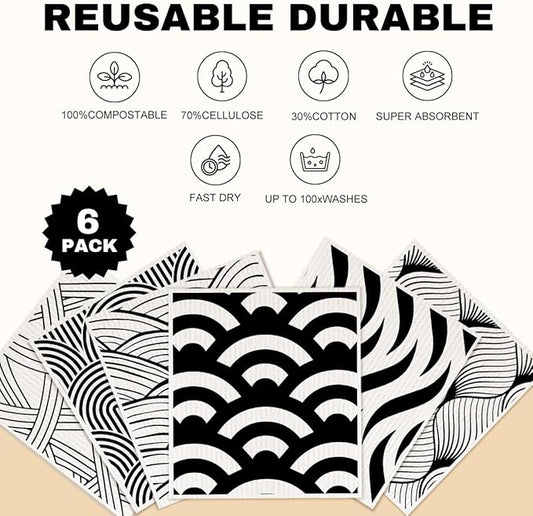 Swedish Dishcloths 6 Pack Reusable No Odor, Geometric Towels Kitchen Absorbent Cellulose Sponge Cloths, Washable Kitchen Dish Cloths for Dish Washing, Eco Home Cleaning