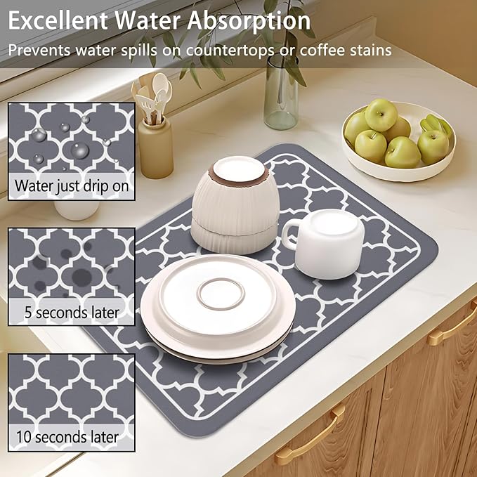 Dish Drying Mat for Kitchen Counter 2 Pack with Non-Slip Rubber Backing - Heat-Resistant Absorbent Coffee Bar Mat, Dish Rack Mat, Gray Texture Dish Drying Mats 18x24+19.5x12 inch
