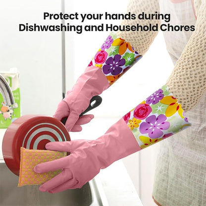 KAQ 3 Pairs Dishwashing Cleaning Gloves, Reusable Long Rubber Gloves with Cotton Lining, Latex Free Dish Washing Gloves, Water Resistant Household Glove for Kitchen Bathroom(Medium)