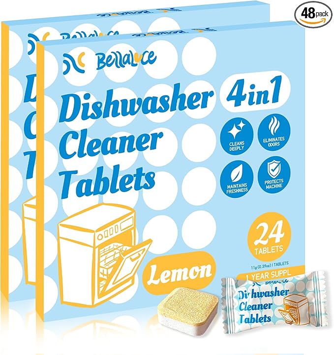 Dishwasher Cleaner Tablets Deodorizer-48 Pack Deep Cleaning Dish Washer Descaler Freshener-Grime Limescale Heavy Duty Grease Odor Smell Remover-for All Dishwashers Lemon Foaming 2 Year Supply