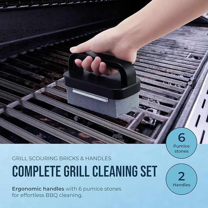Powerstone Heavy Duty Grill Cleaner Kit – 6 Natural Pumice Stones with 2 Handles – Grill Bricks for Cleaning Flat Top, Oven, Stove, BBQ Grates, Cookware & More – Durable Pumice Stone Cleaning Blocks