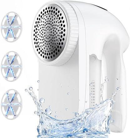PKBD IPX6 Waterproof Washable Electric Fabric Shaver and Lint Remover, Rechargeable Sweater Defuzzer with 3 Free Extra Blades, Quickly and Effectively Remove Fluff, Fuzz, Bobbles for Clothes, White