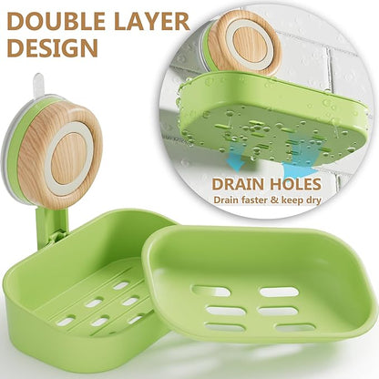 Double Layer Soap Dish for Shower 2 Pack, Wall Mounted Bar Soap Holder Suction Cup 2 Layer Self Draining Soap Case Sponge Holder for Shower Bathroom, Tub and Kitchen Sink, Green