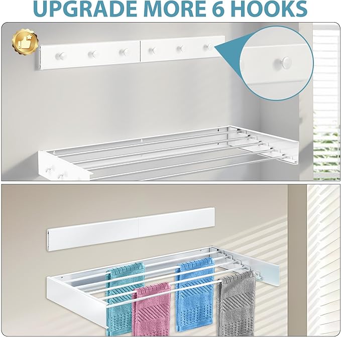 Wall Mounted Drying Rack 31.5", Upgrade 6 Knob Hooks, 5 Aluminum Poles, 40 lb. Load Capacity, Foldable, Retractable, Space Saving Clothes Drying Rack (31.5" White)