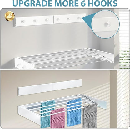 Wall Mounted Drying Rack 31.5", Upgrade 6 Knob Hooks, 5 Aluminum Poles, 40 lb. Load Capacity, Foldable, Retractable, Space Saving Clothes Drying Rack (31.5" White)