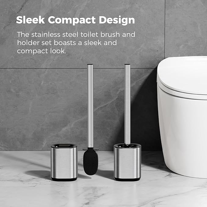 Silicone Toilet Brush Holder Set,TPR Toilet Bowl Brush with Long Stainless Steel Handle and Flexible Bristles,Deep Cleaning & No-Scratch Toilet Scrubber, Sleek Toilet Brush with Weighted Base (2, SS)