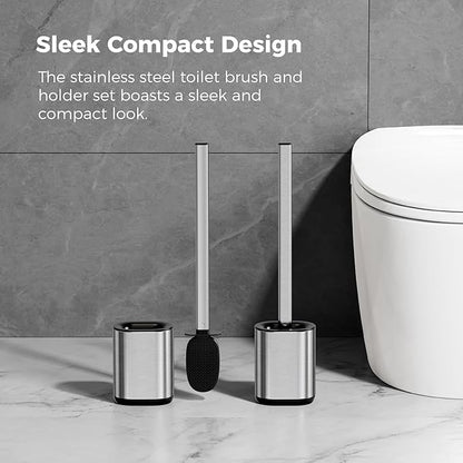 Silicone Toilet Brush Holder Set,TPR Toilet Bowl Brush with Long Stainless Steel Handle and Flexible Bristles,Deep Cleaning & No-Scratch Toilet Scrubber, Sleek Toilet Brush with Weighted Base (2, SS)