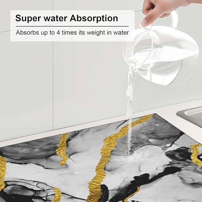 Black White Gold Marble Dish Drying Mat for Kitchen Counter, Absorbent Microfiber Drying Pad for Countertop & Sink, Foldable Modern Kitchen Dish Draining Mat for Dining Area, Home Decor, 16" x 18"