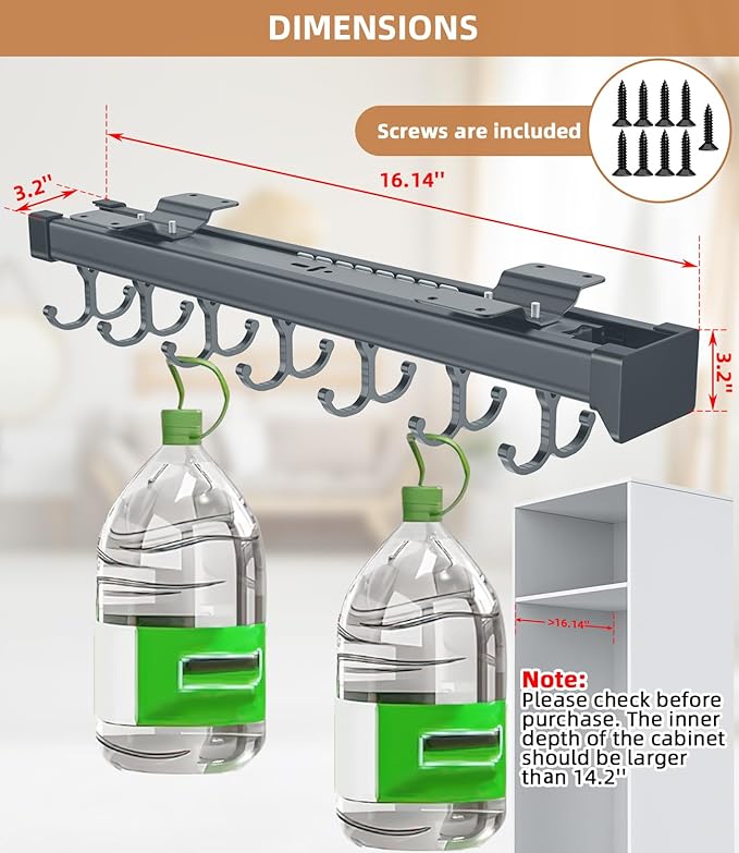 Pull Out Broom Holder, Multifunctional Slide Broom And Mop Storage/Organizer With Adjustable Double Row Sliding Hook, Garage Organization Hooks, for Closet Laundry Garage Kitchen - 41cm/16.141inch