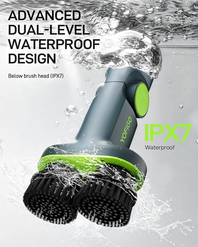 Electric Spin Scrubber, Cordless Power Scrubber with Dual Rotating Brush Heads, Adjustable Angle Handle 90°-180° 6 Replaceable Attachments, IPX7 Waterproof for Bathroom, Tile, Floor, Tub (C1 Plus)