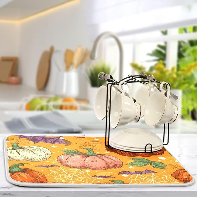 Halloween Colorful Pumpkin Pattern Dish Drying Mat for Kitchen Counter Super Absorbent Drying Mat 18x24 inch Large Dish Drying Matts for Countertop Protector Dishes Pad