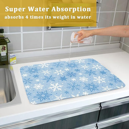 Winter Dish Drying Mat for Kitchen Counter 18x24 Blue White Snowflake Holiday Theme Seasonal Absorbent Reversible Microfiber Drying Mats Kitchen Countertop Protector Dishes Drainer Pad