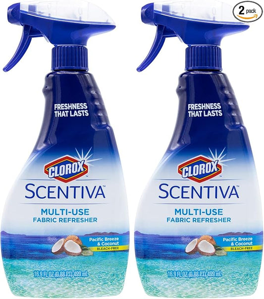 Clorox Scentiva Refresher Spray, Pacific Breeze & Coconut Scent - Multi-Use Fabric & Linen Freshener Spray - Odor Eliminator for Home, Upholstery, Bedding, Curtains, Room, 16.9 Fl Oz (Pack of 2)