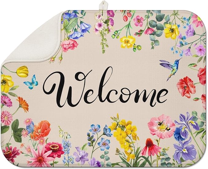 Dish Drying Mat Drainer Pads - Extra Large Microfiber Drying Mats for Dishes Spring Summer Flower Kitchen Counter Super Absorbent Pads for Draining Racks (18"x24" )