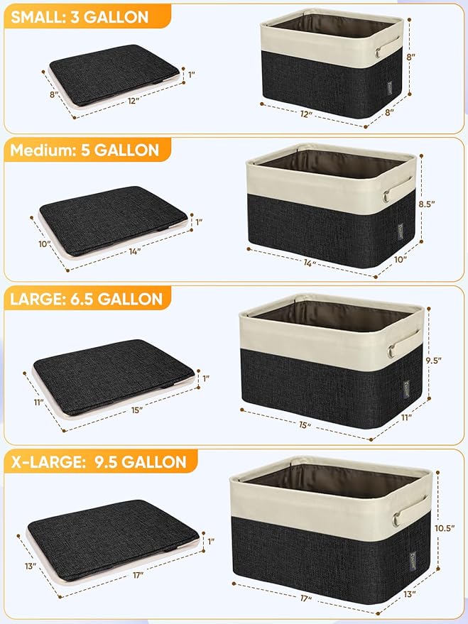 BALEINE 2 Pack Fabric Closet Storage Bins for Shelves, Linen Closet Organizers and Storage, Decorative Baskets for Organizing, Shelf, Clothes, Home, Office (Black, 12"x8"x8")