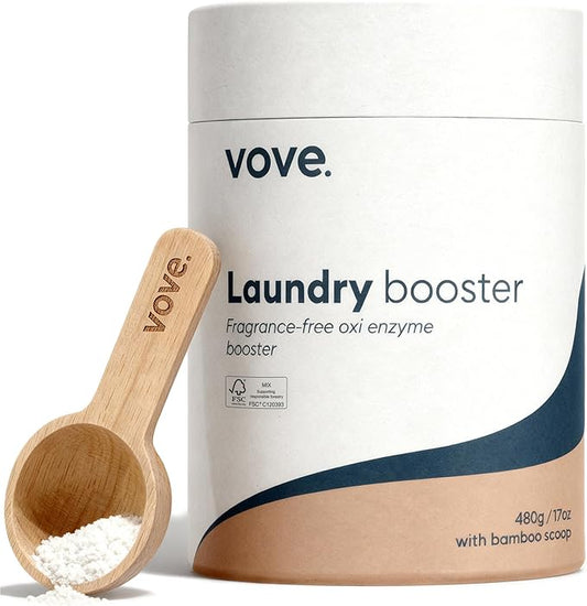 Vove Bio Enzyme Laundry Booster - 80 Loads 6x Enzyme Oxygen Stain Remover Powder - Fragrance Free for Sensitive Skin - Power Cleaner for Blood, Grass, Food, Pet Odors - FSC Wood Scoop
