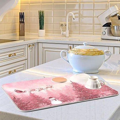 Christmas Forest with Snow Falling Santa Dish Drying Mat for Kitchen Counter Super Absorbent Drying Mat 18x24 inch Large Dish Drying Matts for Countertop Protector Dishes Pad