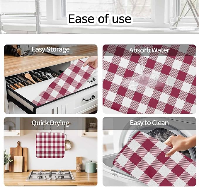 Dish Drying Mat Wine Red Buffalo Check Plaid Drying Mats for Kitchen Counter Farmhouse Style Absorbent Microfiber Dish Drainer Quick Drying Coffee Mat with Hanging Loop, 18 x24 inch