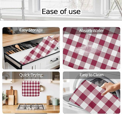Dish Drying Mat Wine Red Buffalo Check Plaid Drying Mats for Kitchen Counter Farmhouse Style Absorbent Microfiber Dish Drainer Quick Drying Coffee Mat with Hanging Loop, 16 x18 inch