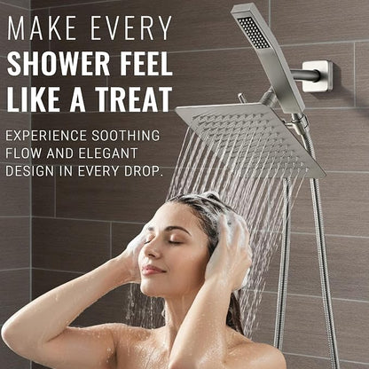 All Metal Shower Faucet Set, Dual Square Shower Head System with Handheld Wand, Diverter, Hose Complete Combo, Pressure Balance Rough-in Valve and Tub Spout Included (Brushed Nickel)
