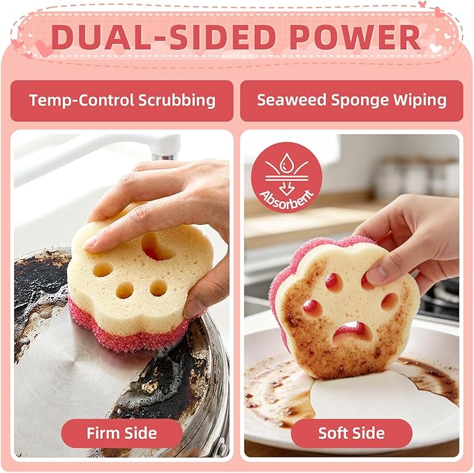 Cleangor 4pcs Scrub Sponges, Dual-Sided Temperature-Controlled Dish Sponges, Scratch-Free, Easy to Clean, Kitchen Cleaning Sponges for Tough Stains, Delicate Surfaces, Glassware, Cookware, Appliances