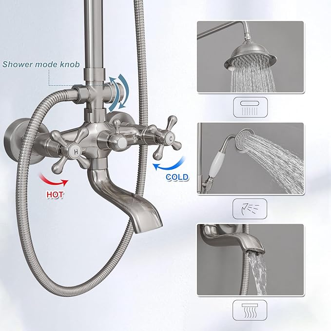 BWE Brushed Nickel Shower Faucet Set 8-Inch Rain Shower Head Handheld Sprayer and Rotatable Tub Spout Triple Function Wall Mount Shower Fixture Combo System Stainless Steel