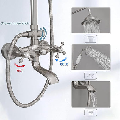 BWE Brushed Nickel Shower Faucet Set 8-Inch Rain Shower Head Handheld Sprayer and Rotatable Tub Spout Triple Function Wall Mount Shower Fixture Combo System Stainless Steel
