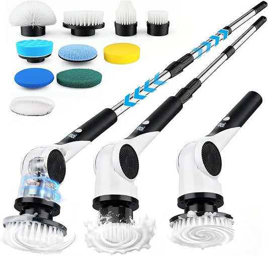 Electric Spin Scrubber, 3-Speed Cordless Shower Scrubber with 90° Adjustable & 10 Replaceable Brush Heads, 90 Mins Runtime & Full-Body IPX7 Waterproof Shower Cleaner Brush with Long Handle