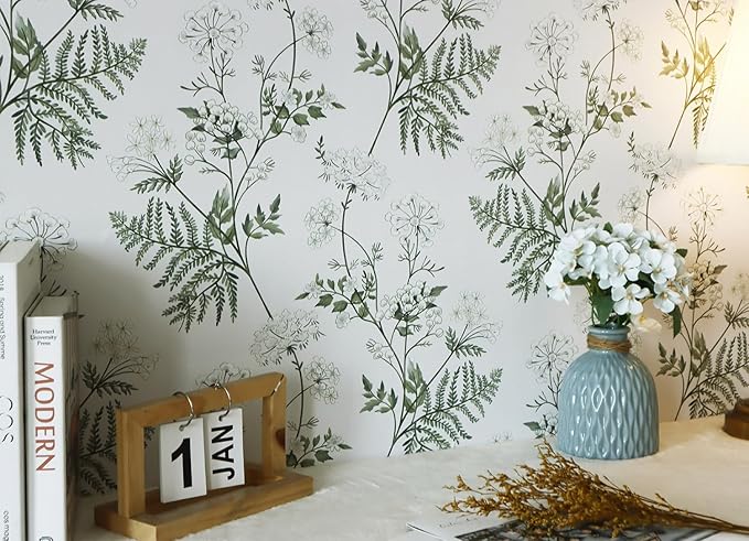 Timeet Peel and Stick Wallpaper Boho Green White Floral Leaf Contact Paper 16.14"x118.11" Flower Wallpaper Removable Self Adhesive Wall Paper for Walls Covering Vinyl Roll