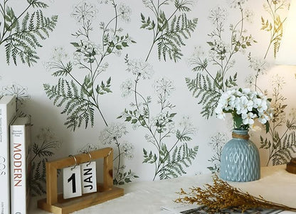 Timeet Peel and Stick Wallpaper Boho Green White Floral Leaf Contact Paper 16.14"x118.11" Flower Wallpaper Removable Self Adhesive Wall Paper for Walls Covering Vinyl Roll