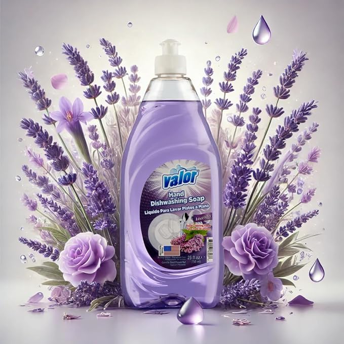 Valor Dishwashing Liquid, 25 fl oz – Dish Soap for Kitchen & Bathroom, Grease-Fighting, Gentle on Hands, Fast Rinse, Eco-Friendly Biodegradable Formula (25 fl oz (Pack of 12), Lavender)