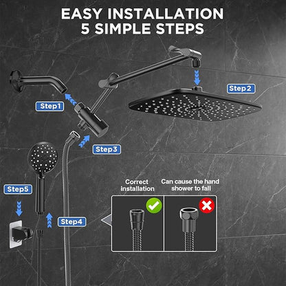 Veken 11.8" Rain Shower Head with Handheld, Family's Choice Award, High Pressure Handheld Shower Heads with Multi Spray Modes, Rainfall Combo with Extension Arm,Detachable Dual Shower, Matte Black