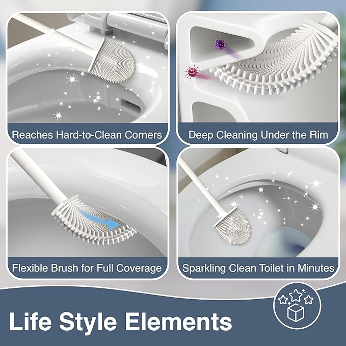 2 Pack Silicone Toilet Brushes & Holders– Includes 2 Crevice Brushes for Bathroom, Long Non-Slip Handle – Durable Bathroom Cleaning Set.