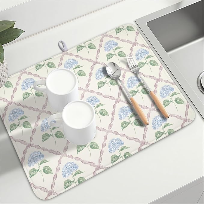 Hydrangea Floral Dish Drying Mat for Kitchen Counter Watercolor Blue and Pink Flower Drying Mat 18x24 Inch Rustic Elegant Absorbent Dish Drainer Mat Kitchen Accessories
