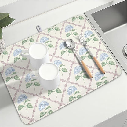 Hydrangea Floral Dish Drying Mat for Kitchen Counter Watercolor Blue and Pink Flower Drying Mat 18x24 Inch Rustic Elegant Absorbent Dish Drainer Mat Kitchen Accessories