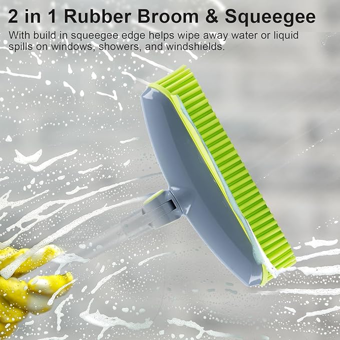 180°Rotating Head Rubber Broom with Squeegee for Pet Hair Removal - 51" Iron Handle Fur Remover Rake Brush for Carpet, Hardwood & Tile Floors, Includes Pet Hair Removal Gloves (Green)