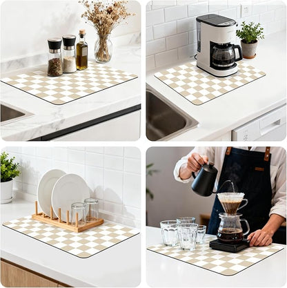 16" x 24" Checkered Dish Drying Mat for Kitchen Counter, Absorbent Coffee Bar Mat for Espresso Machine Coffee Countertops Accessories (Khaki)