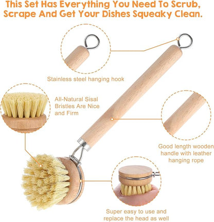 11 Pcs Bamboo Dish Brush Set, Multifunctional Bamboo Dishwashing Scrub Brush with Natural Sisal Bristles, Wooden Handle Dish Brush with Replacement Heads for Cleaning Pots Dishes Pans Vegetables