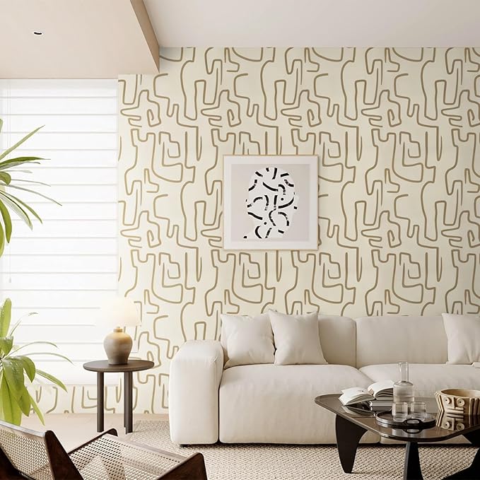 Ismoon Peel and Stick Wallpaper Modern Geometric Wallpaper 17.3inx197in Gold and Beige Contact Paper Self-Adhesive Removable Wallpaper for Bathroom Cabinets Walls Countertop Waterproof Thicken Vinyl