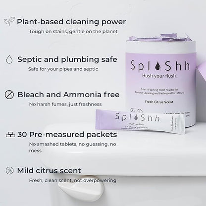 SplaShh 5 in 1 Foaming Toilet Bowl Cleaner, 30 Powder Packets, Fresh Citrus Scent, No Harsh Chemicals, Easy Clean, Replaces Sprays, Pods & Tablets, Stain & Odor Remover, Convenient Pouches